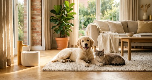 Un chien et un chat détendus et au frais dans un salon d'été lumineux