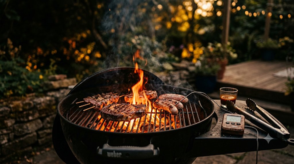 Barbecue Weber avec flammes, viandes et saucisses sur la grille et thermometre de cuisson, jardin en soiree