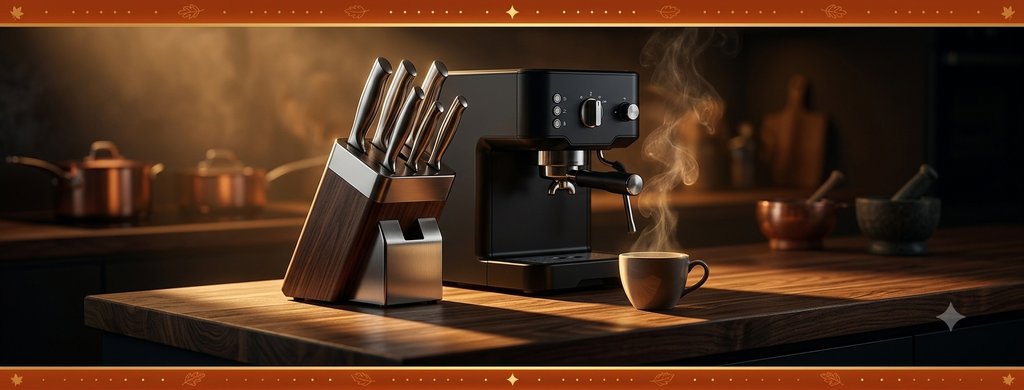 Bloc de couteaux et machine à café expresso sur un plan de travail en bois, ambiance chaleureuse