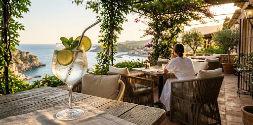 Terrasse ombragée face à la mer au coucher du soleil avec une boisson fraîche givrée, ambiance estivale
