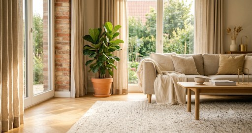 Salon lumineux et bien rangé aux tons crème et bois clair