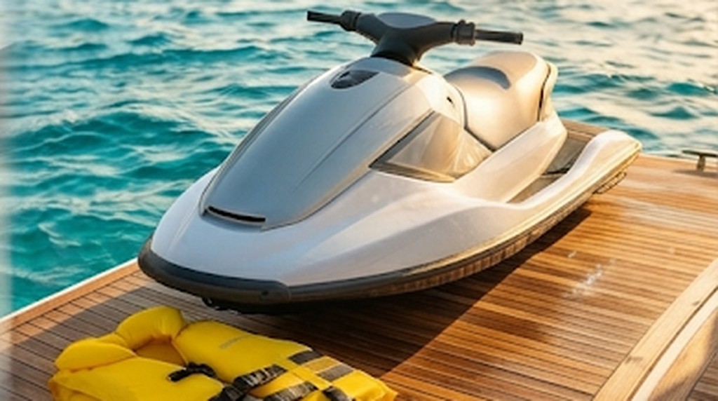 Scooter des mers et gilet de sauvetage sur le pont d'un bateau, mer turquoise en arrière-plan