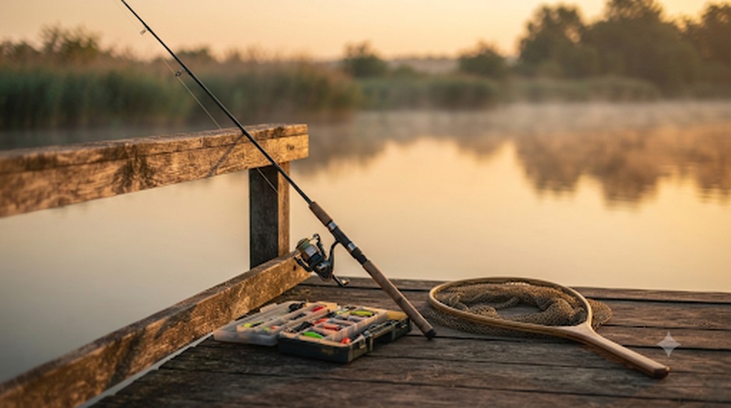 Canne à pêche et matériel posés sur un ponton en bois au bord de l'eau, lumière du matin
