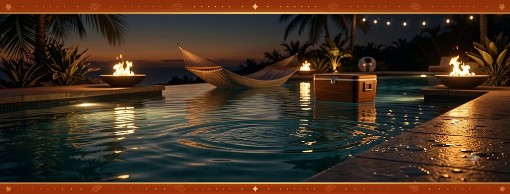Piscine au crépuscule avec hamac flottant et glacière flottante
