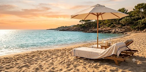 Plage au coucher du soleil : sable doré, mer turquoise et un parasol élégant avec transats