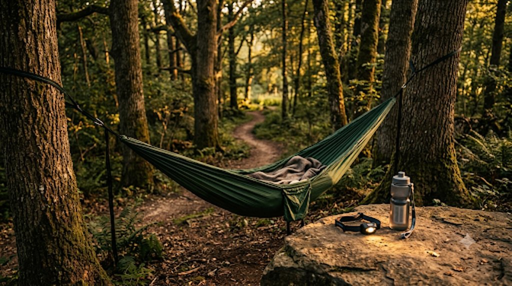 Hamac vert tendu entre deux arbres dans une foret, lampe frontale et gourde sur un rocher, sentier au coucher du soleil