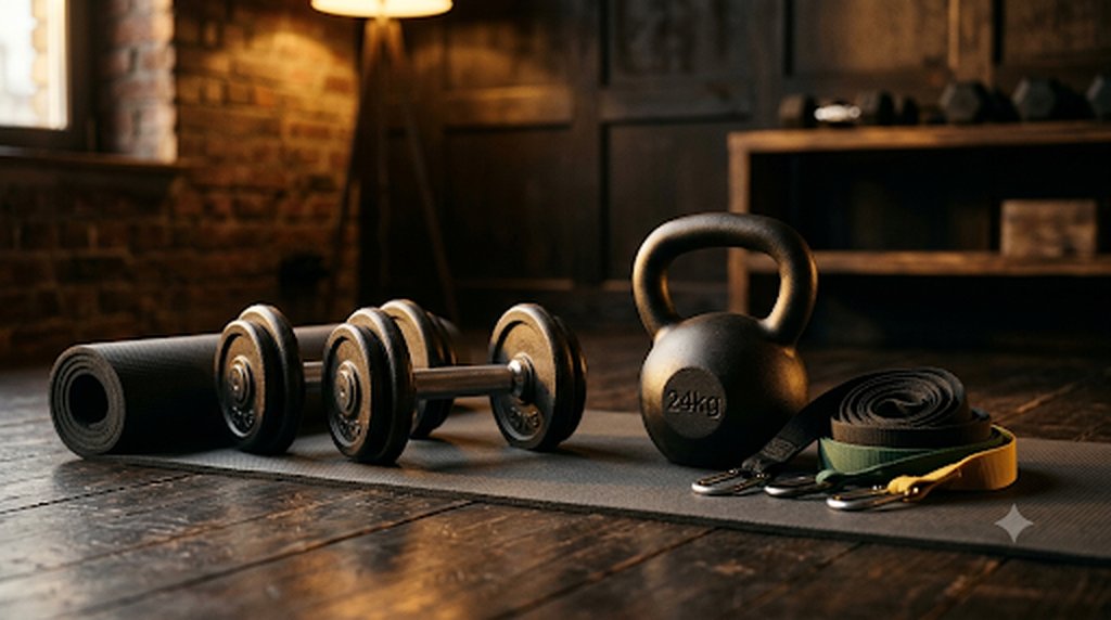 Halteres reglables, kettlebell et elastiques de resistance sur un sol sombre, home gym ambiance premium