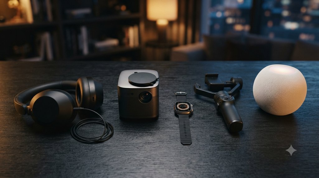 Casque audio, mini-projecteur, montre connectee et accessoires tech sur un plan de travail sombre, ambiance premium