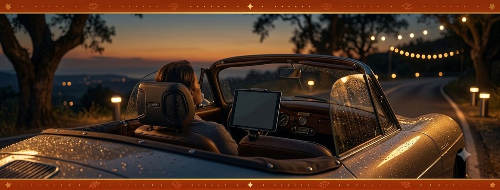 Voiture décapotable sur une route au coucher de soleil avec appui-tête et support tablette